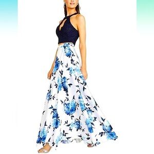 City Studio Women's Gown Size 3 Halter Flyaway Formal A Line Dress Blue Ivory